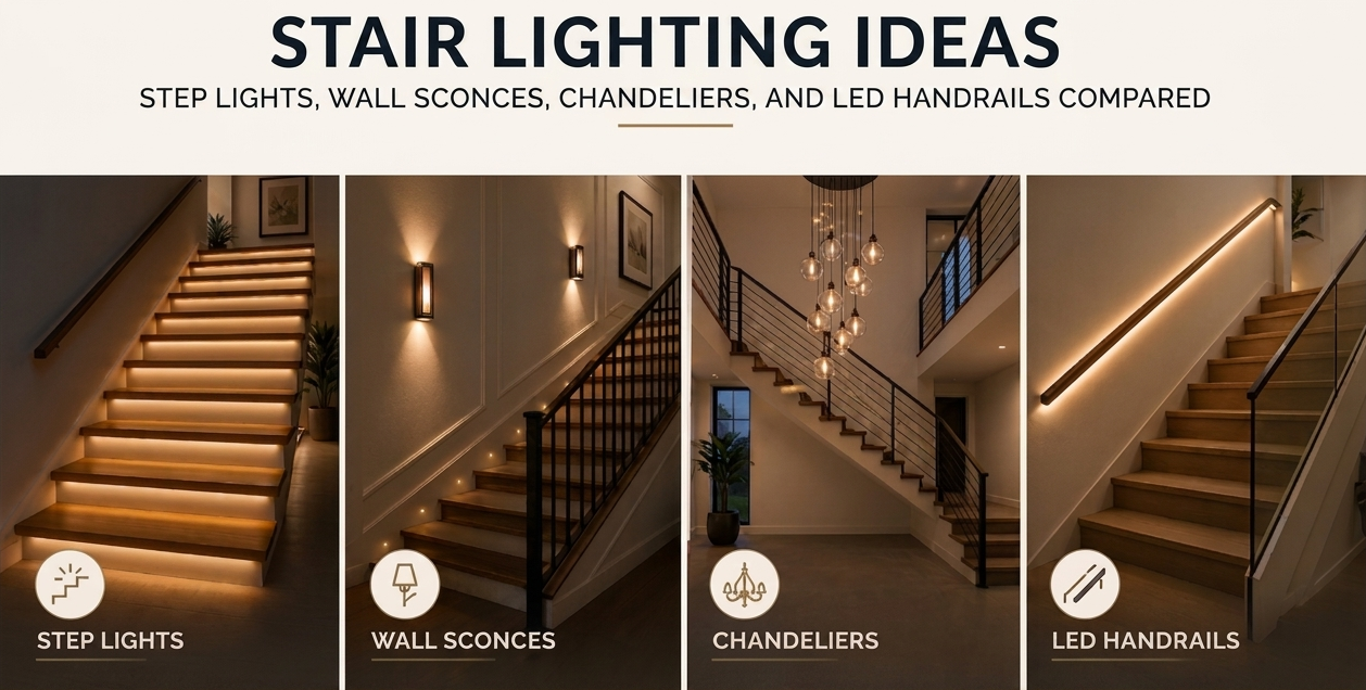 Stair Lighting Ideas: Step Lights, Wall Sconces, Chandeliers, and LED Handrails Compared