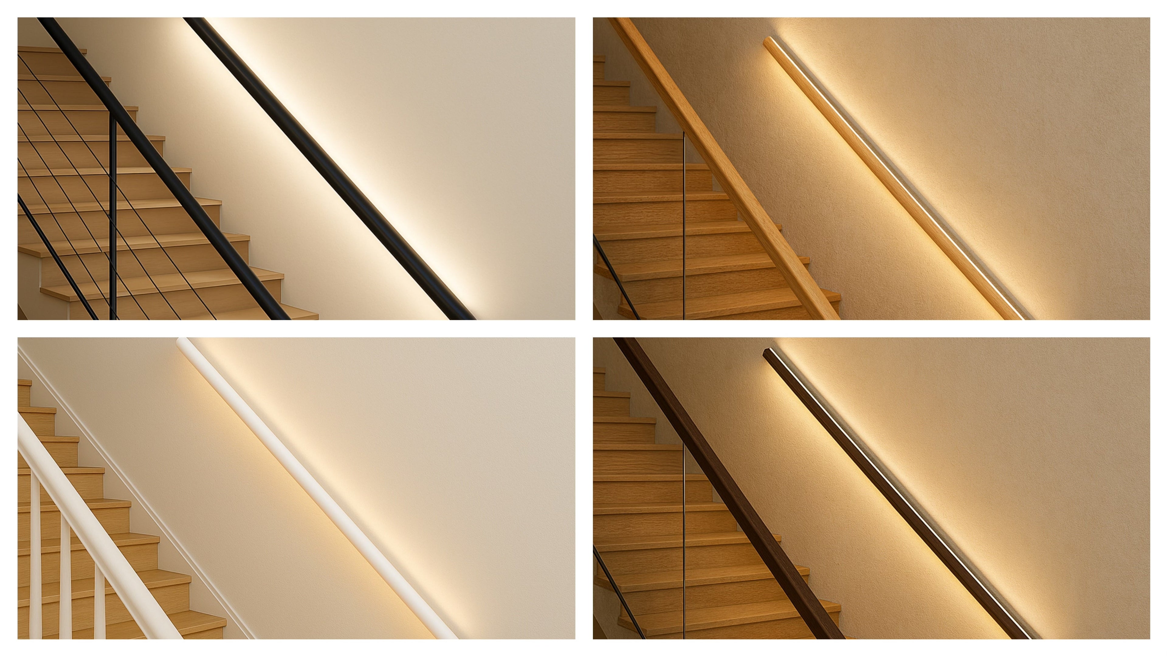 black handrail, white handrail, white oak handrail, walnut handrail